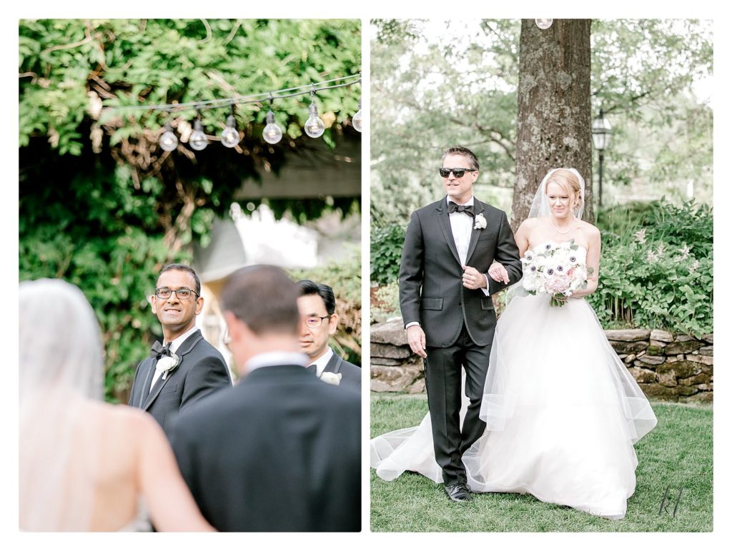 Groom See's his bride for the first time during their Whimsical Summer wedding at the Bedford Village Inn. 