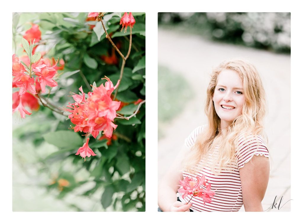 Light and Airy Keene Photographer photographed red flowers and a senior portrait. 