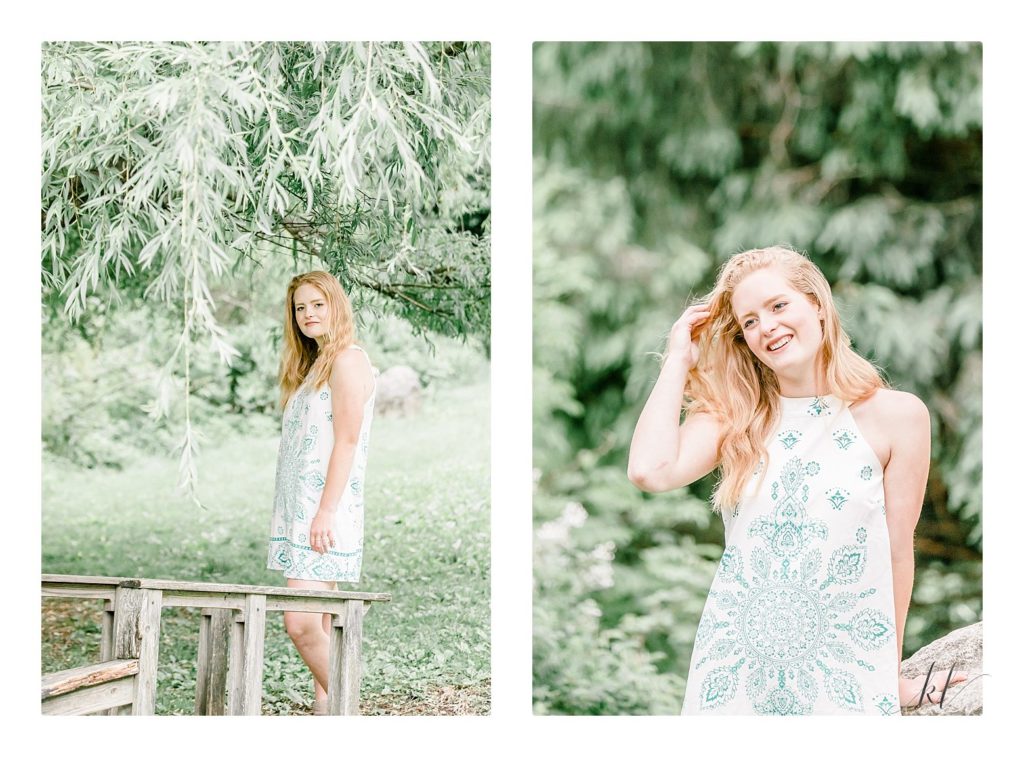 Light and Airy Keene Photographer took senior portraits of this blonde haired beautiful girl at the Waldorf School. 