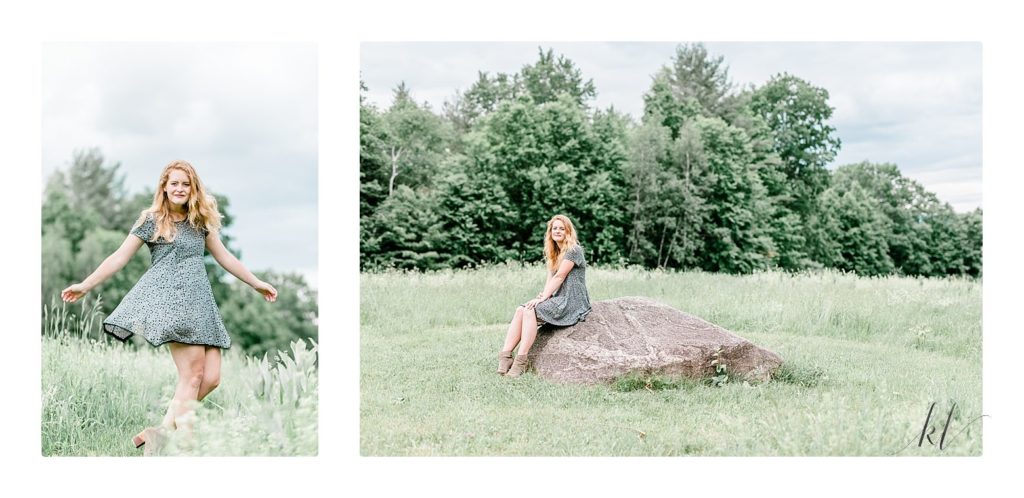 Fun and free spirited Senior portraits of a blonde girl spinning and sitting on a rock.  Light and airy.  Keene NH
