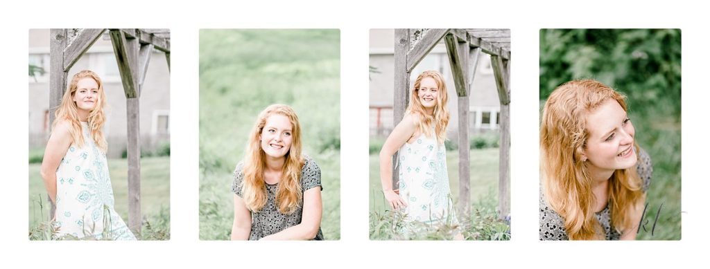 Light and Airy senior portraits of a pretty blonde girl wearing a dress.  Taken in Keene NH by K. Lenox Photography