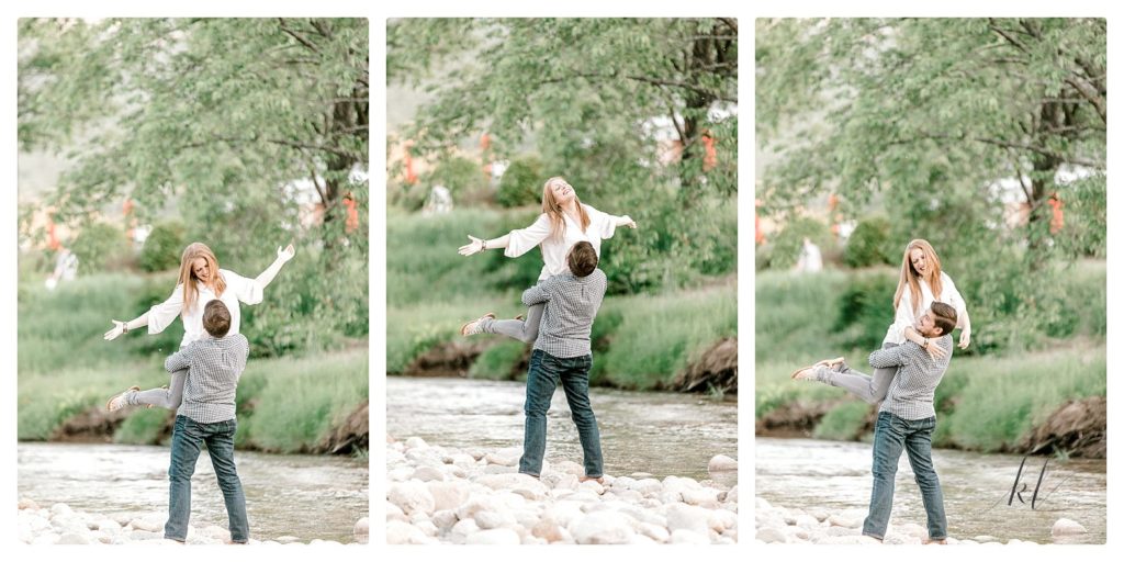 Fun and playful photos of a man and woman during their engagement session. Light and airy- edited with Kindred Presets. 