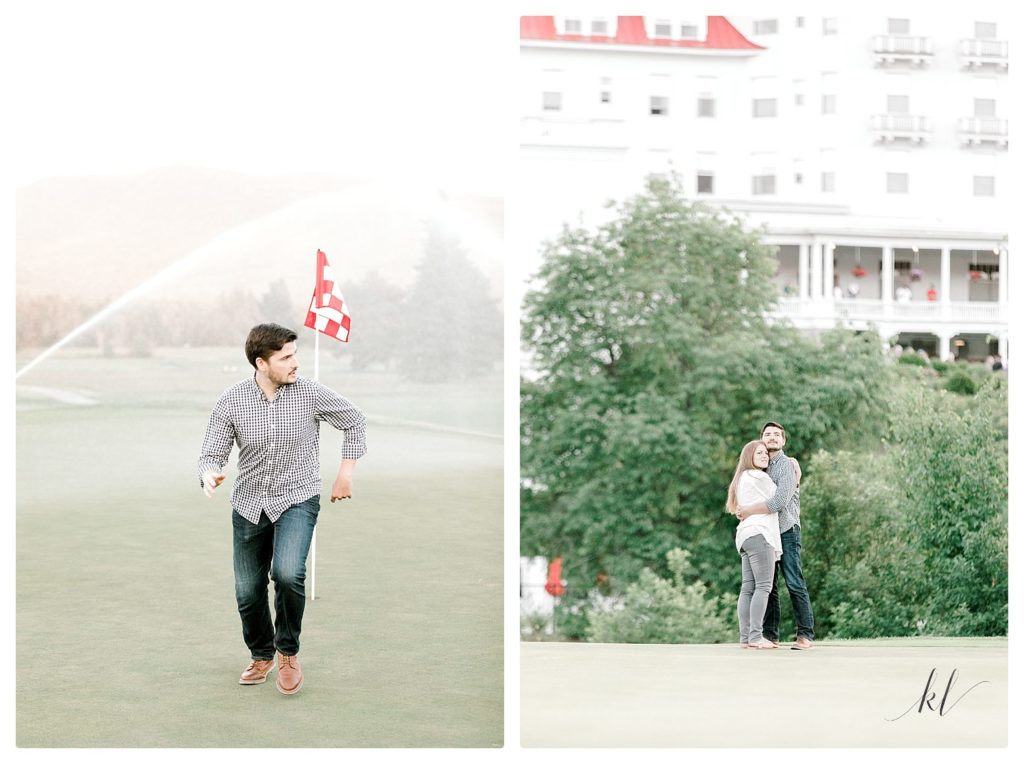 Candid photos taken at the Omni Mount Washington Resort of a man running from the sprinklers on the golf course. 