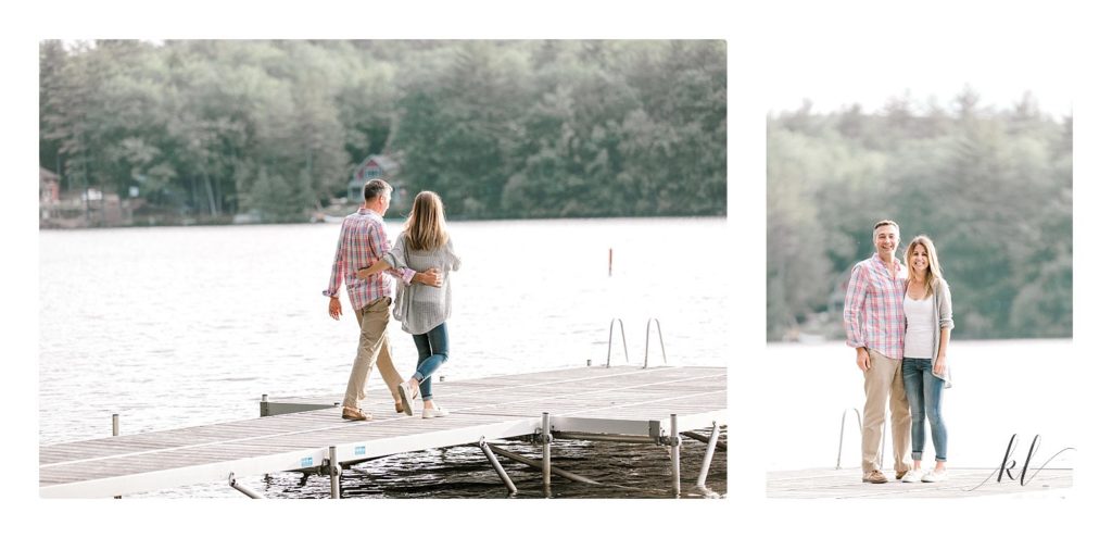 Man and Woman walk on a dock in Swanzey lake during their Rustic Engagement Photos