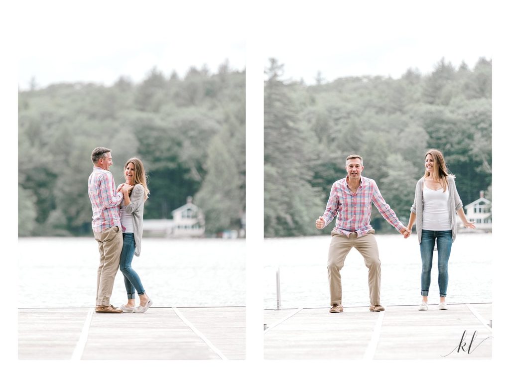 Rustic Engagement Photos of a couple having fun on a dock in Swanzey lake NH. 