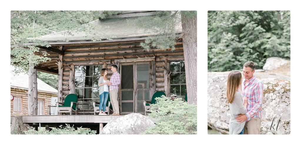 Man and Woman stand on the porch of their Rustic New England Cabin during their engagement session with K. Lenox Photography
