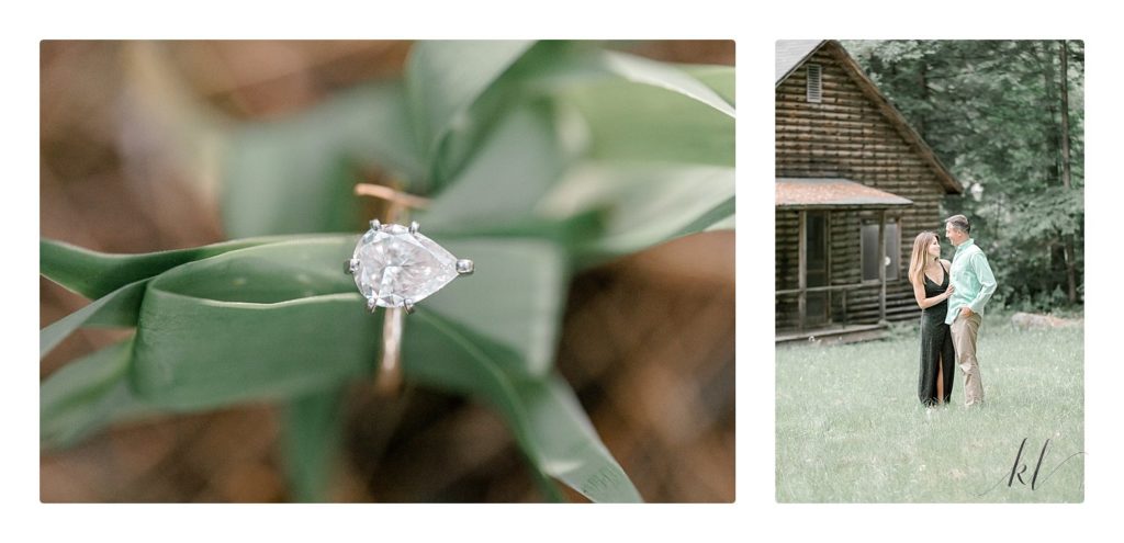 Pear Shaped Diamond Solitary Engagement Ring with gold band on a leaf. 
