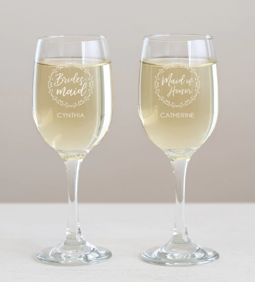 creative ideas for asking, will you be my bridesmaid? - Custom made Engraved Wine Glasses! 