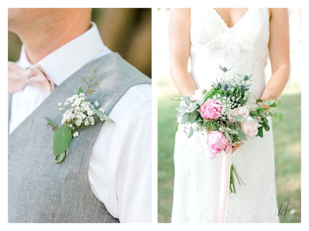 Wedding details of the baby's breath boutonnière and bridal bouquet with pink flowers and greenery. 