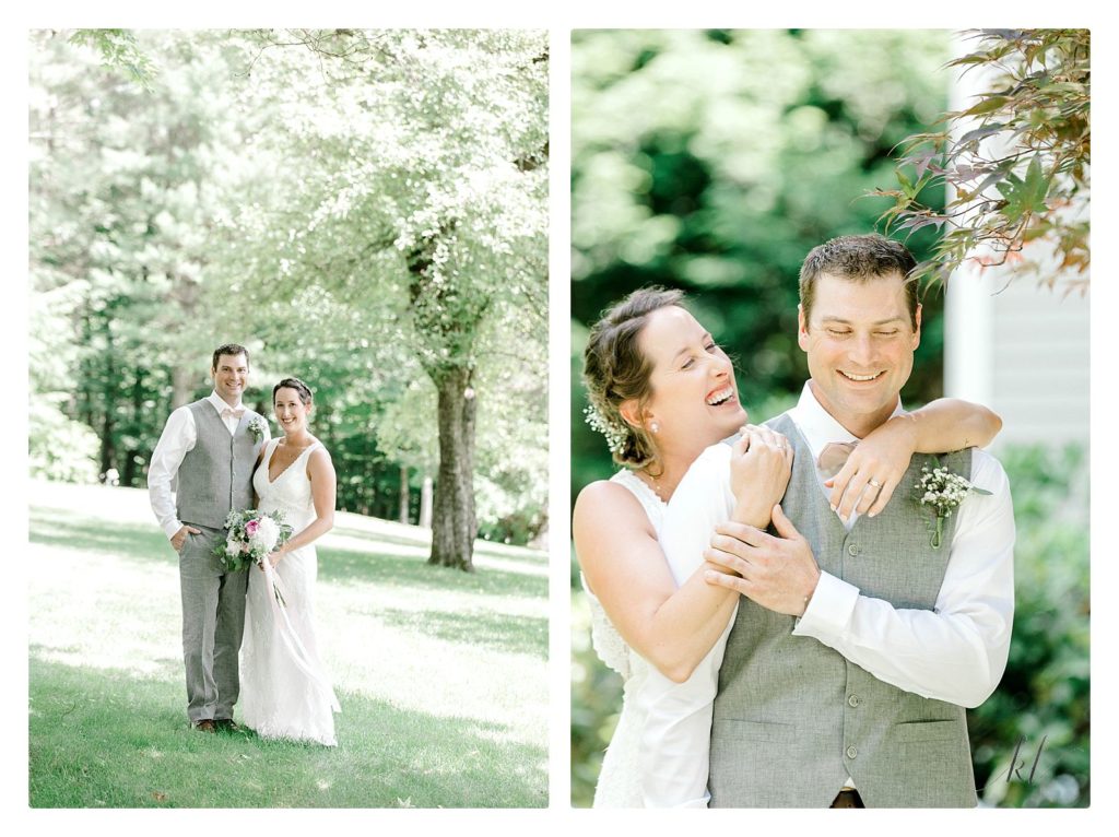 Light and Airy photo of a bride and groom during their casually elegant backyard wedding. 