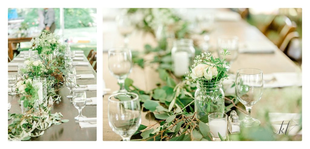 Casually Elegant Backyard wedding reception table decore with candles, greenery and little white roses. 