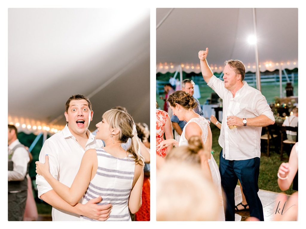 Candid wedding reception photos of people dancing. 
