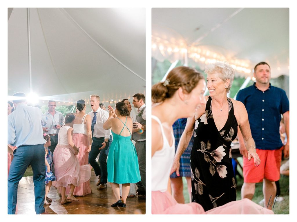 Candid Dance photos during a white tented wedding reception. 