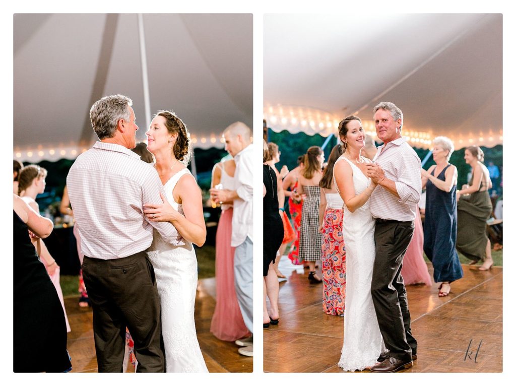 Bride Dances with her dad during her wedding reception under a white tent. 