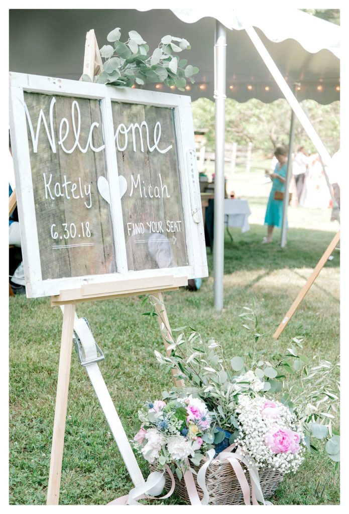 Rustic Welcome Sign with white picture frame and glass- for Casually Elegant Backyard wedding 