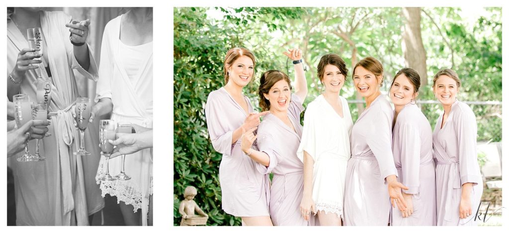 Bride and her bridesmaids wearing simple light purple robes 
