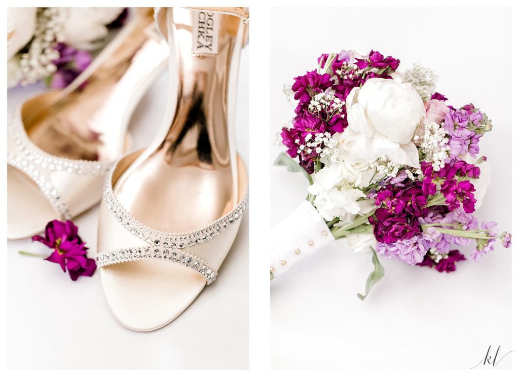 Diamond gold shoes with white and purple floral Bridal bouquets