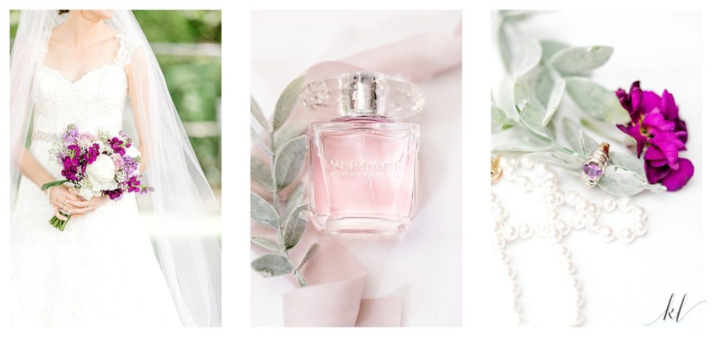 Detail photos of the bridal details- Versace perfume- bridal bouquet with purple flowers and a white pearl necklace. 