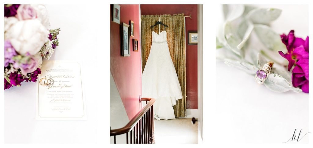 Wedding day detail photos showing a David Tutera for Mom Cheri- Katherine wedding dress. 