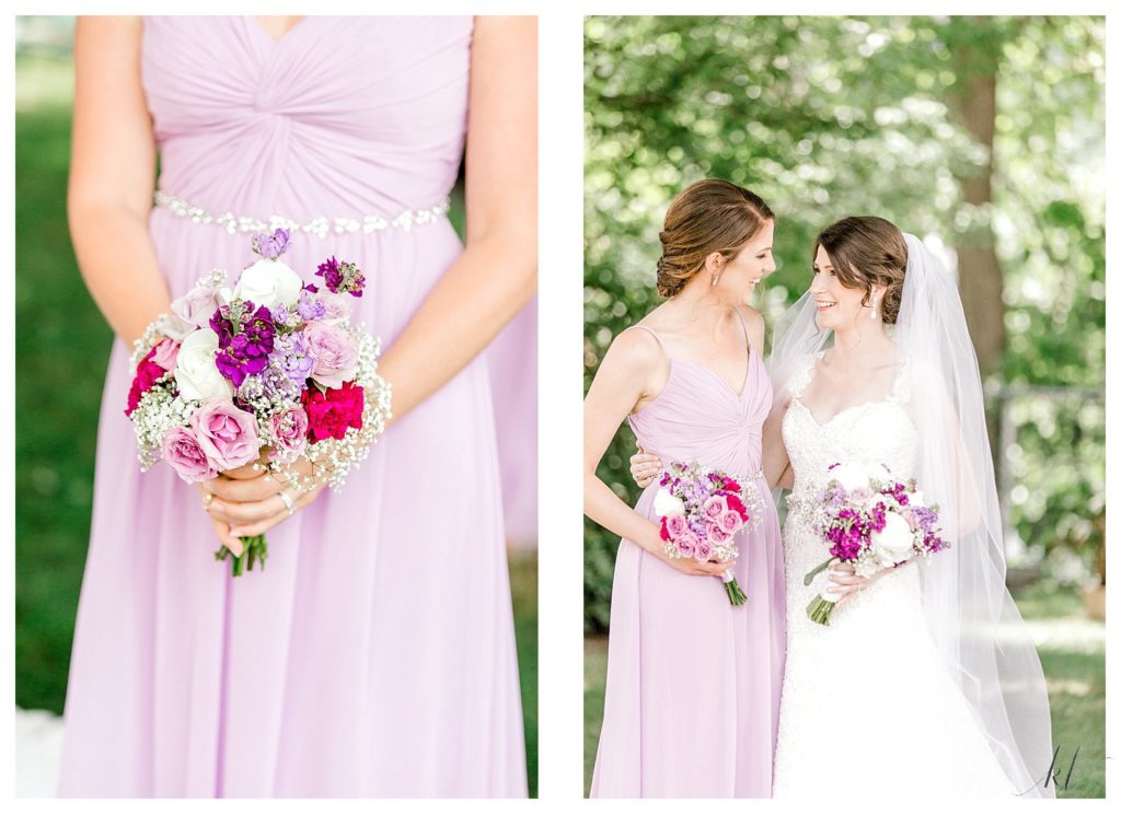 Bride with her future sister in law wearing purple dress and purple floral bouquet. 