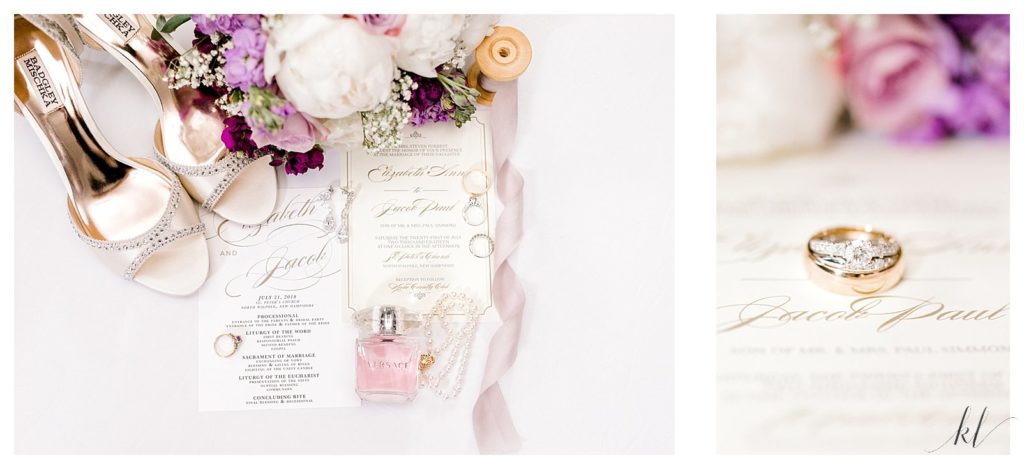 Detail photo showing the invitations, program, gold shoes, versace perfume, diamond wedding rings. 