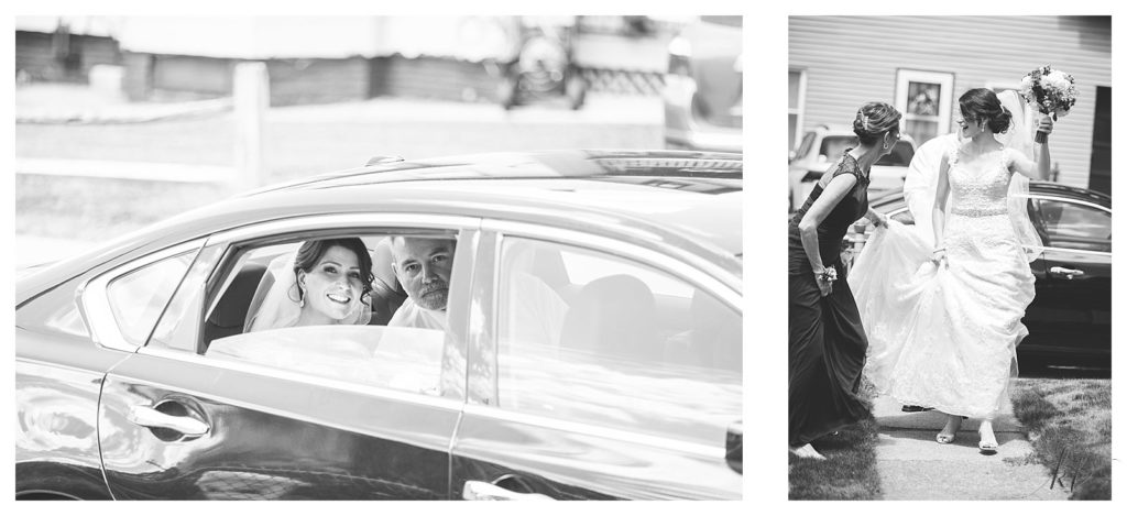 Father and Daughter sit in a car on her wedding day. 