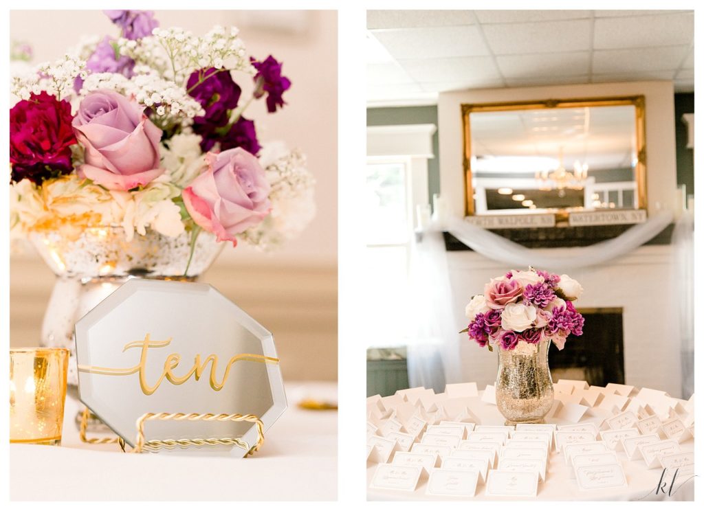 Keene Country Club summer wedding reception detail photos showing mirrored table numbers, purpler flowers and simple white place cards. 