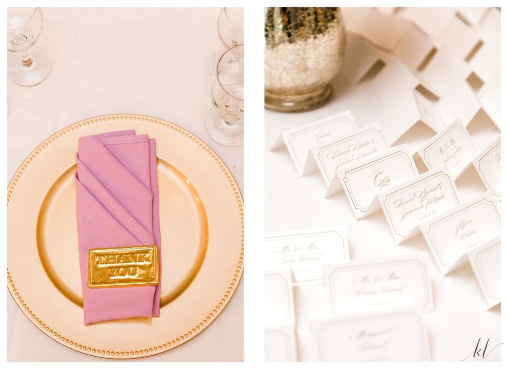 Wedding Reception Detail photo showing gold plate, gold "thank you' chocolate bar and a purple napkin. 