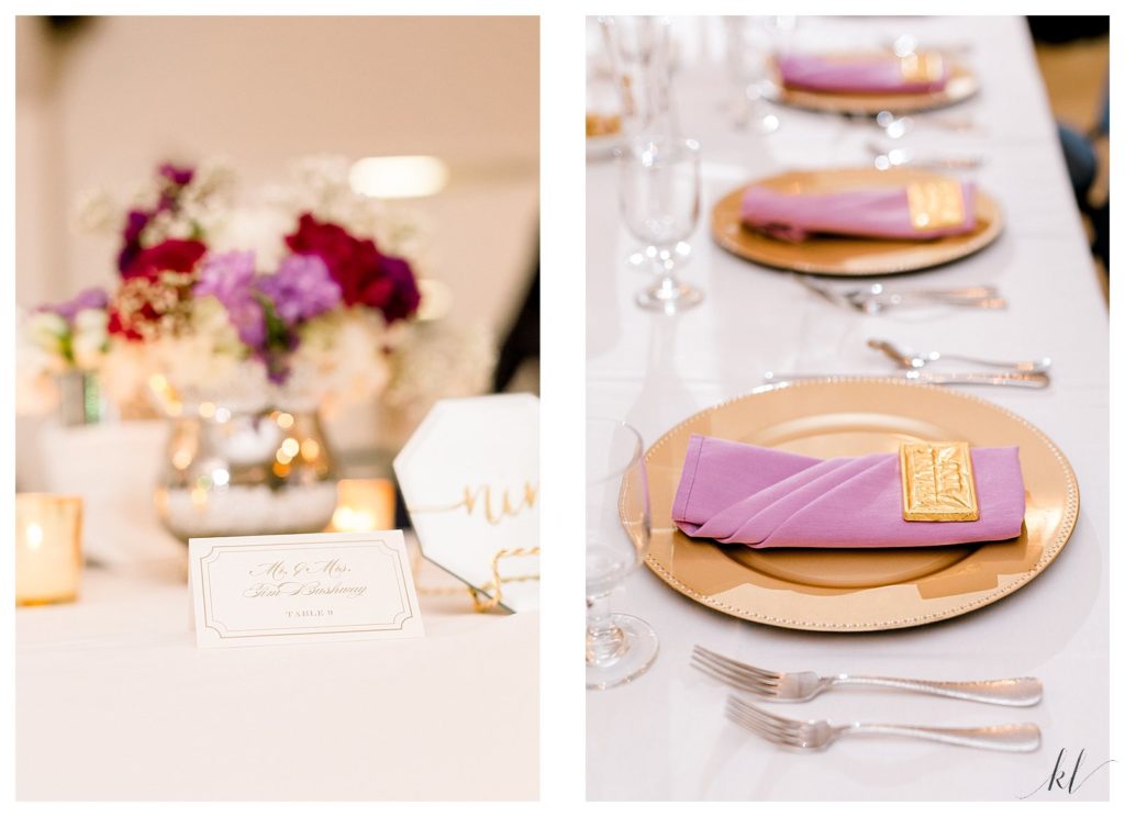 Gold decorative plates with purple napkins sit on the tables of the Keene Country Club summer wedding reception. 