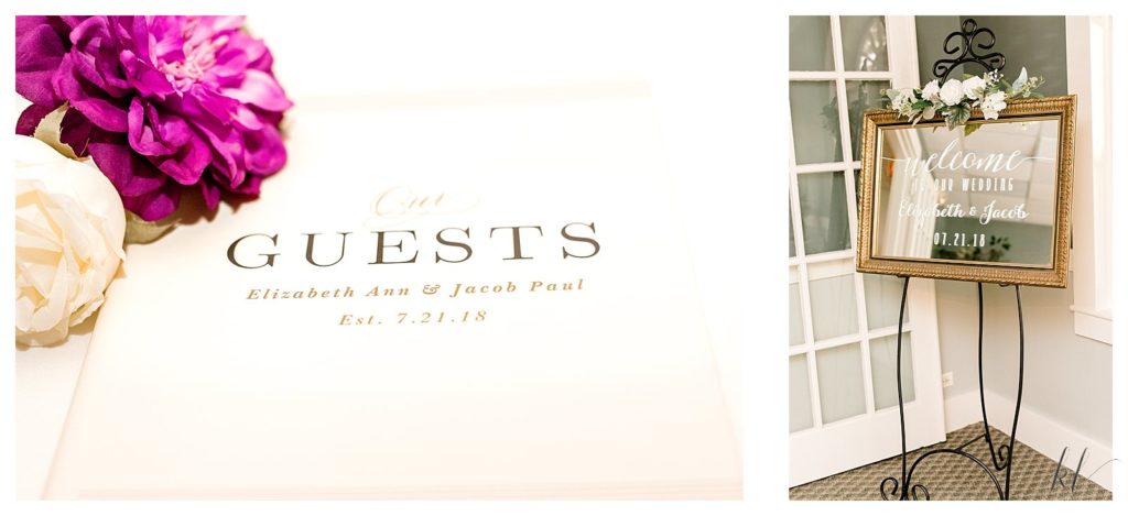 Detail photos showing a white Guest Signature book and a mirrored welcome sign. 