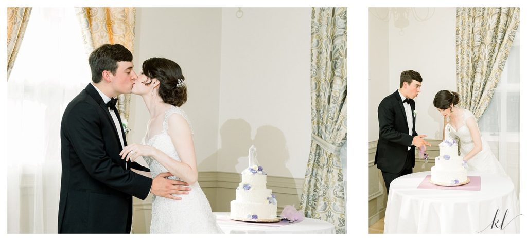 Bride and groom cut the cake at the Keene Country Club wedding reception. 