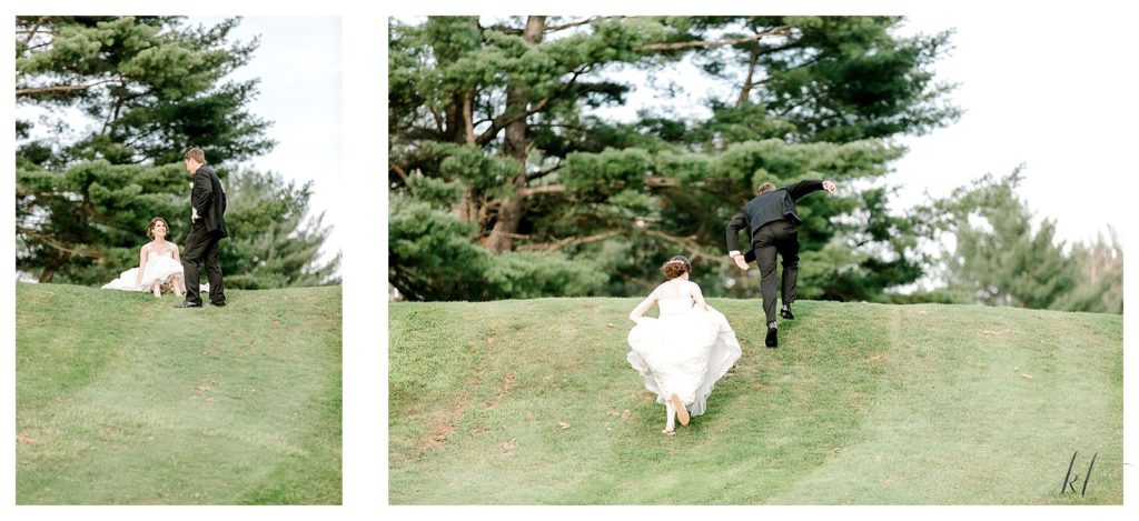 Silly and fun picture of a bride and groom running on their wedding day- up a hill in their wedding attire. 