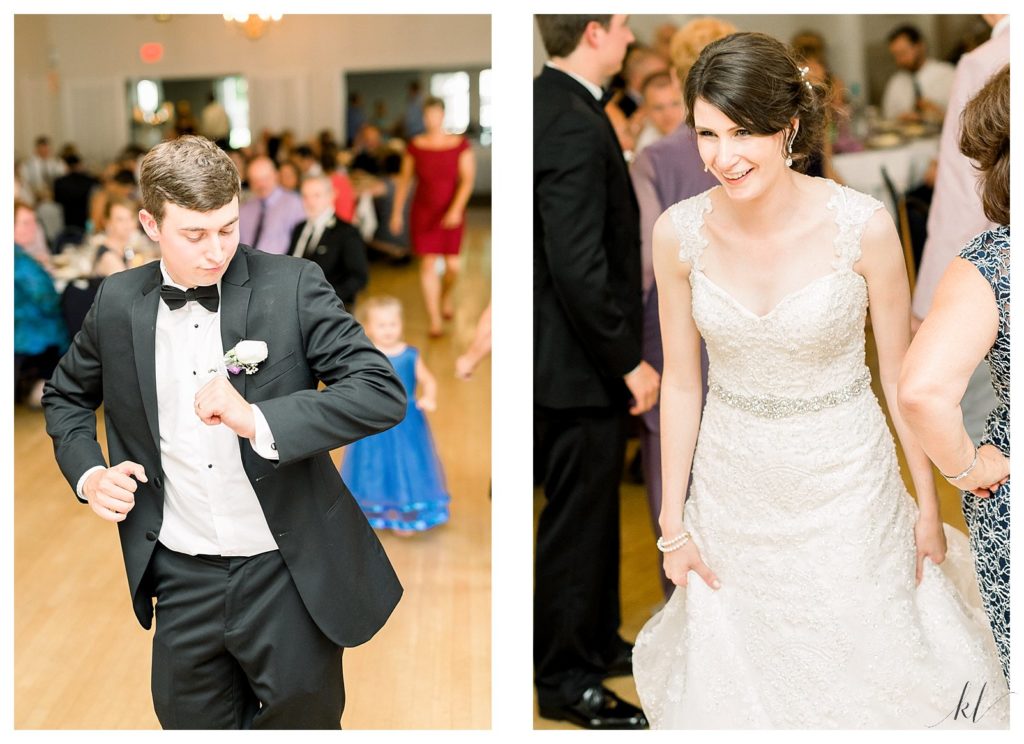 Candid photos of a bride and groom dancing at their wedding reception at the Keene Country Club. 