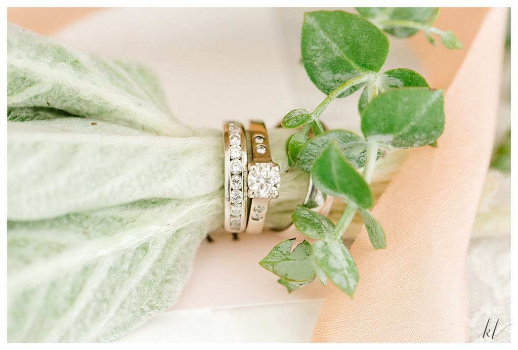 Diamond and Platinum wedding and engagement rings styled with Lambs Ears 