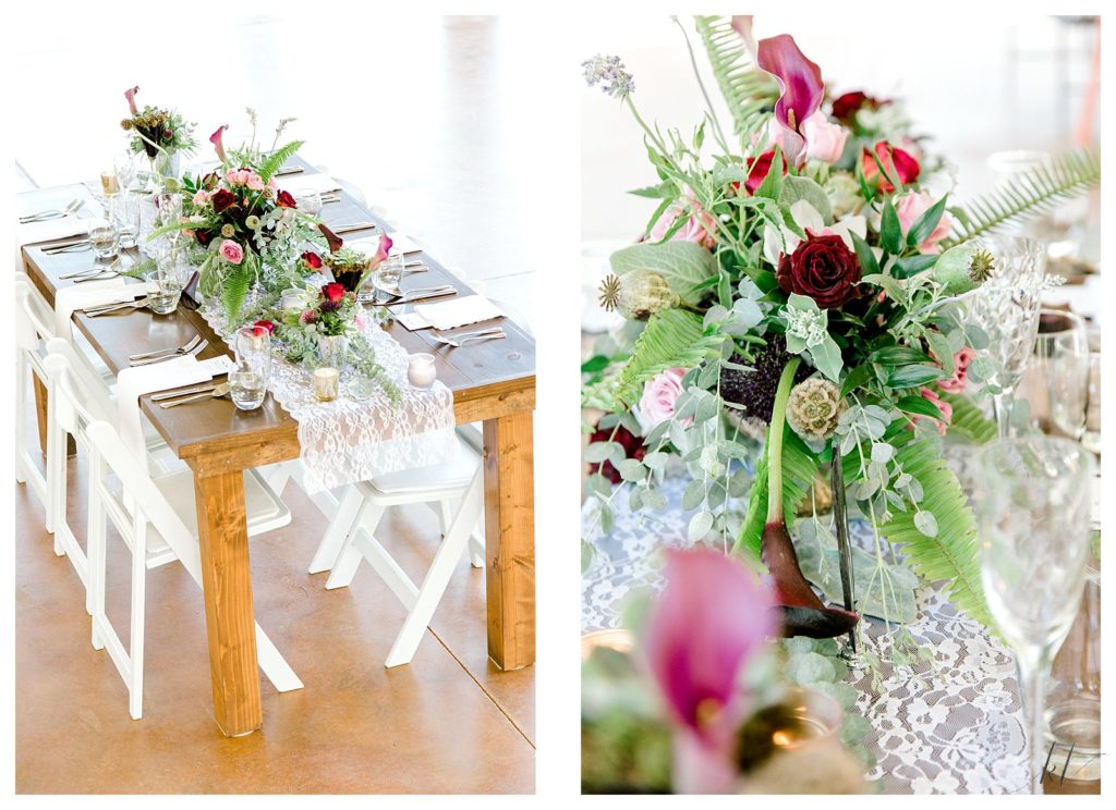 Rustic Farm table set with floral centerpieces for a wedding at Mayfair farm. 