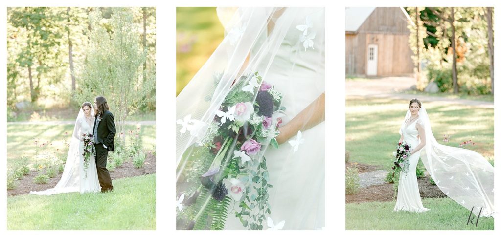 triptych image showing a bride and groom during their wedding at Mayfair Farm in Harrisville. 