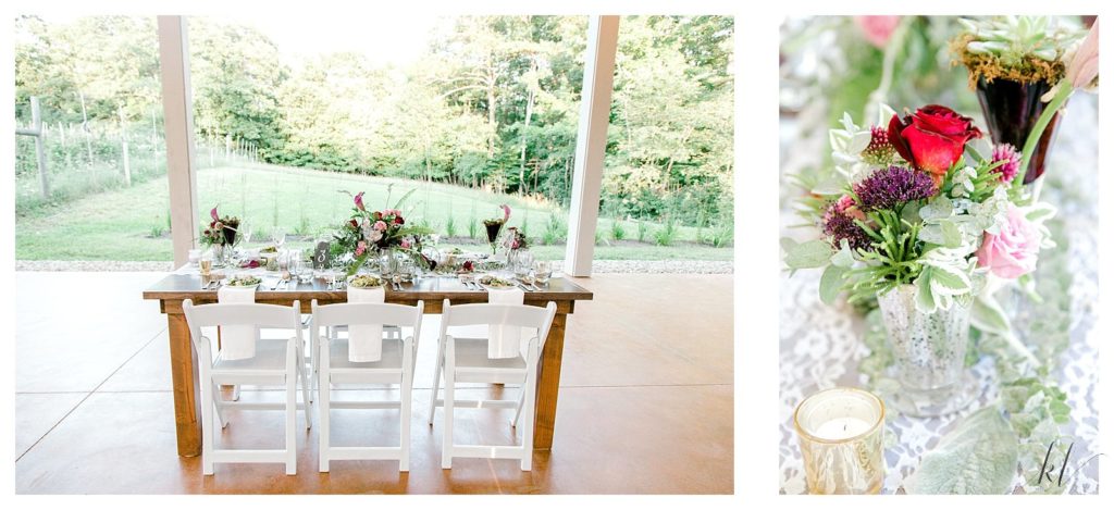 Rustic Farm Table set with floral centerpieces, lace table runner and white chairs at Mayfair Farm. 
