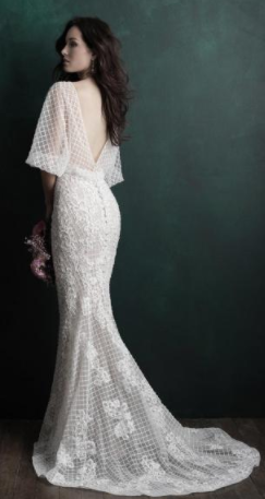 modernized boho chic wedding dress with Dolman Sleeves and lacy material. 