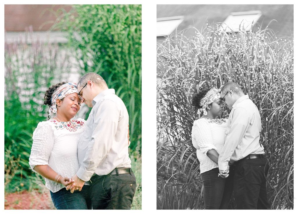 Candid photos of a couple holding hands and hugging in front of tall grasses at the Alpine Grove Banquet Facility in Hollis