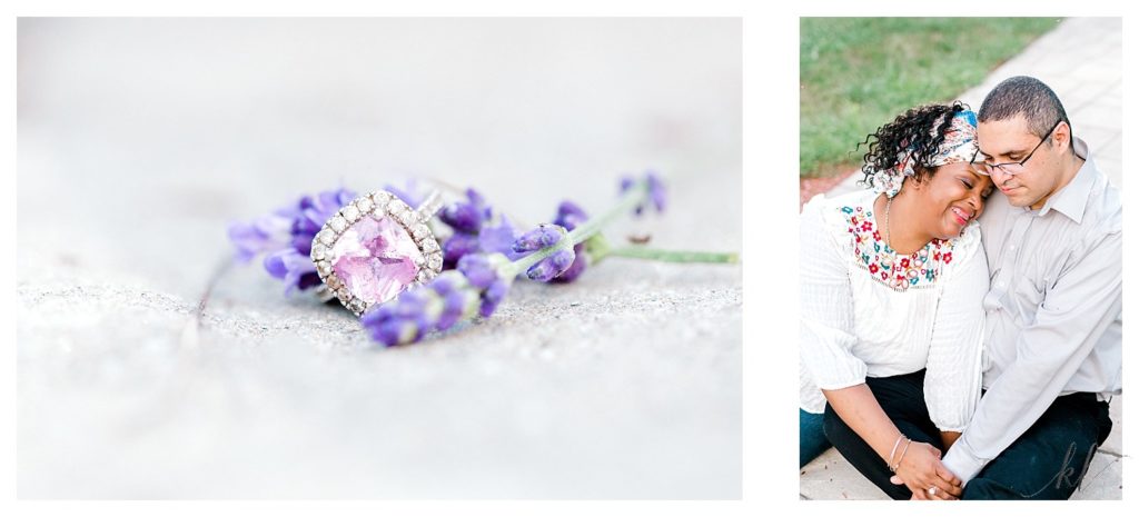 Ring with pink center stone surrounded with diamonds- photographed with purple flowers. 