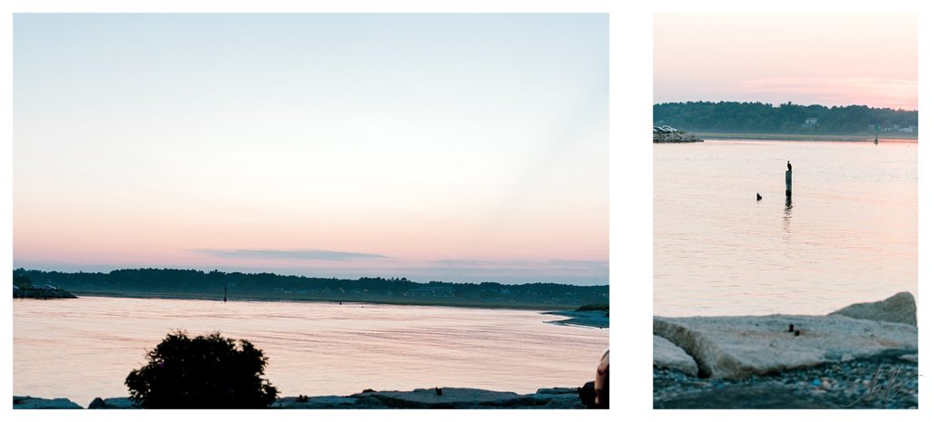 Scene photo showing drakes Island at Sunset.  K. Lenox Photography. 