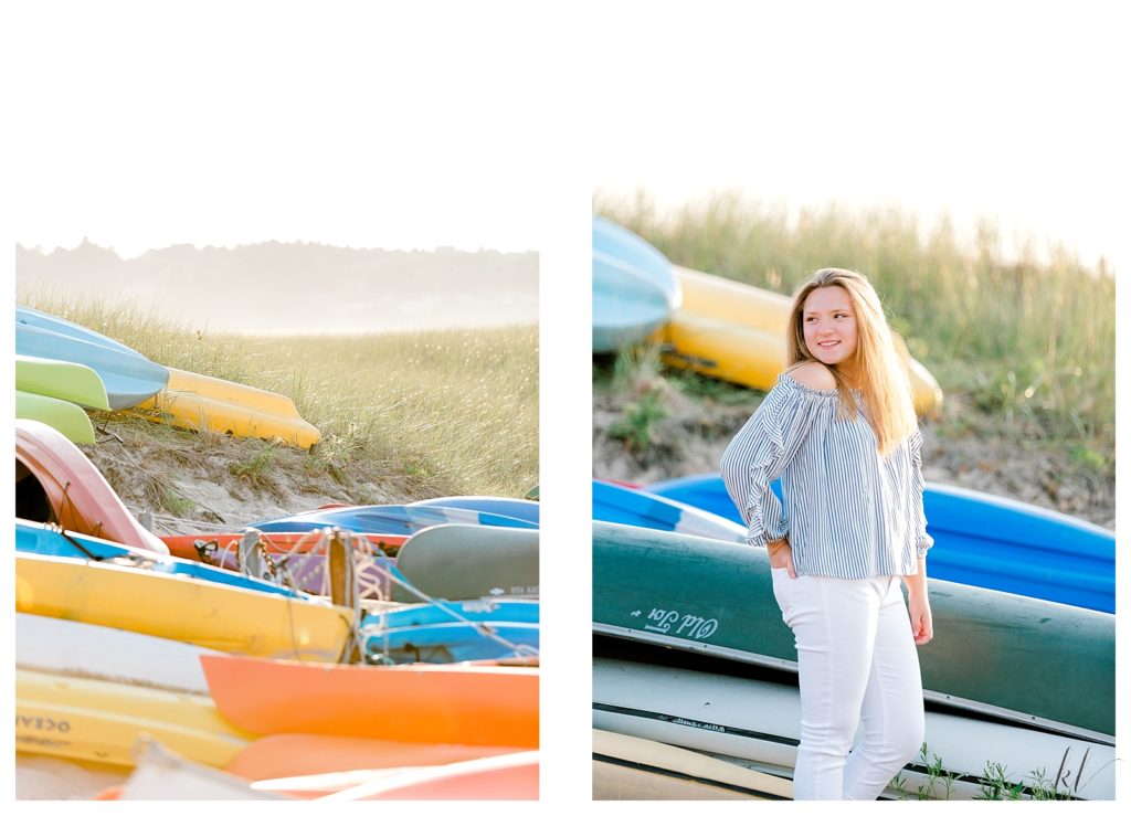 Drakes Island senior portraits taken in front of colorful boats on the beach. 