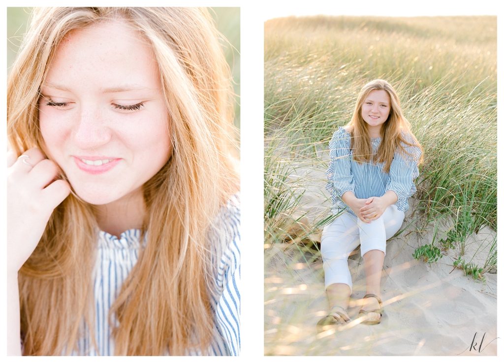 High School senior portrait taken while sitting on the sand/grass on Drakes Island in Wells. 