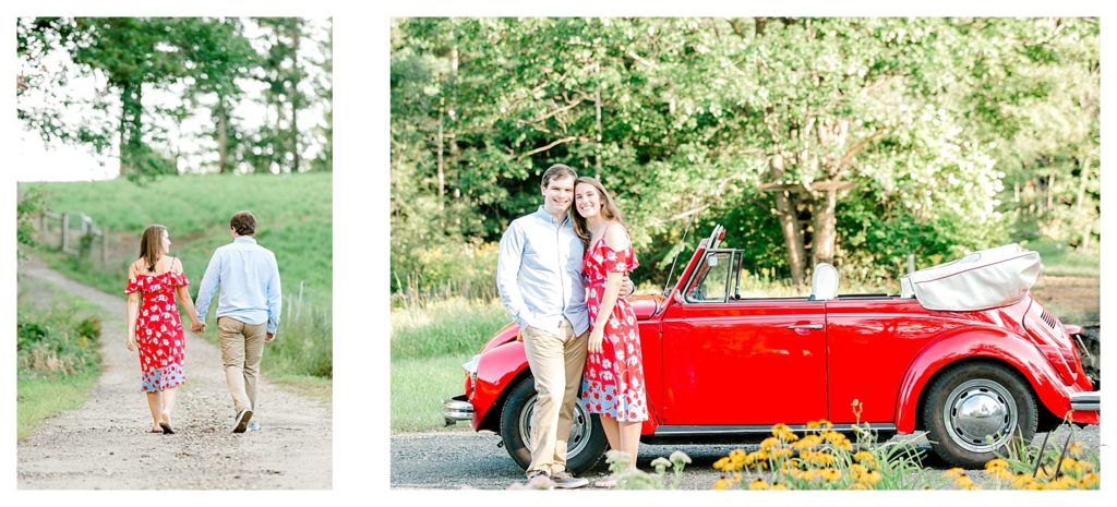 Engaged Couple pose in front of their Red 1972 Punch Bug for an engagement portrait at Mayfair Farm. 