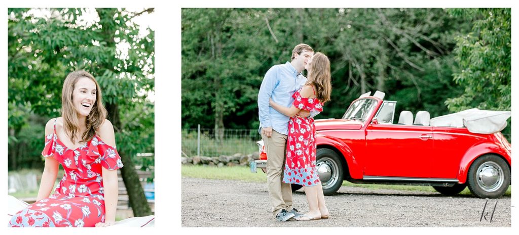 Engaged couple kissing in front of their 1972 Red VW Beetle during their engagement session at Mayfair farm. 
