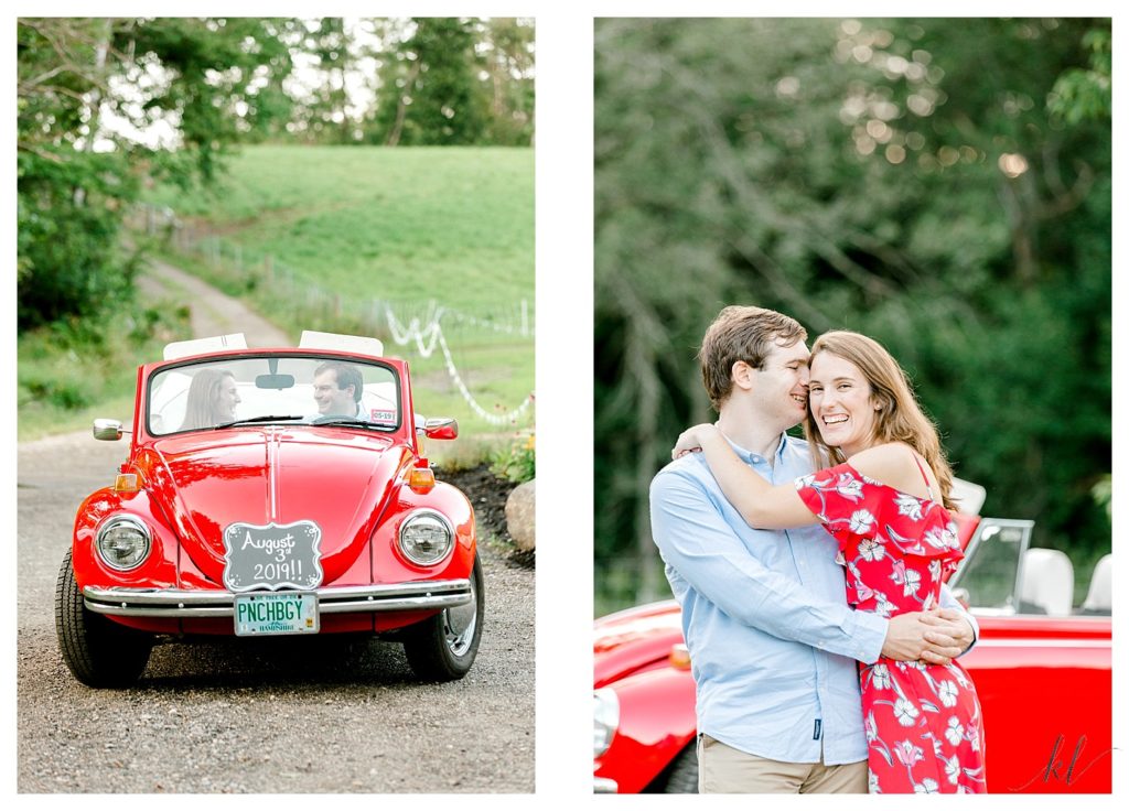 Man and Woman hug in front of their 1972 Red VW Punch Bug antique car. 
