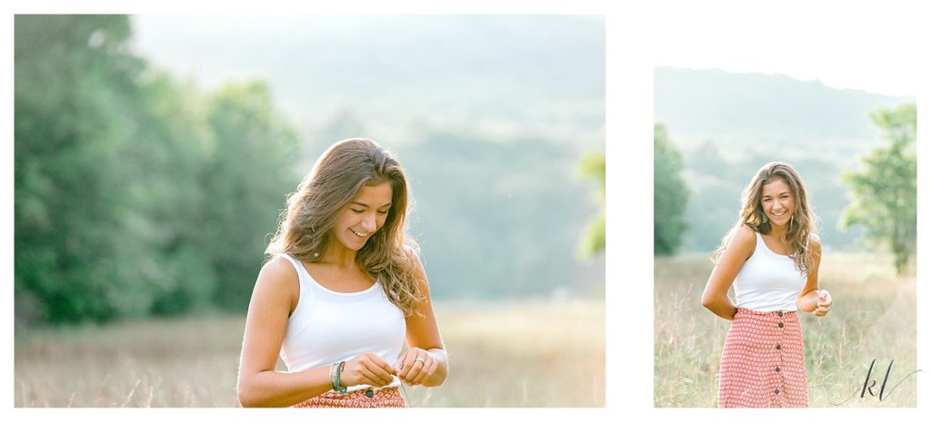 Light and Airy candid photos of a senior girl in a field. 