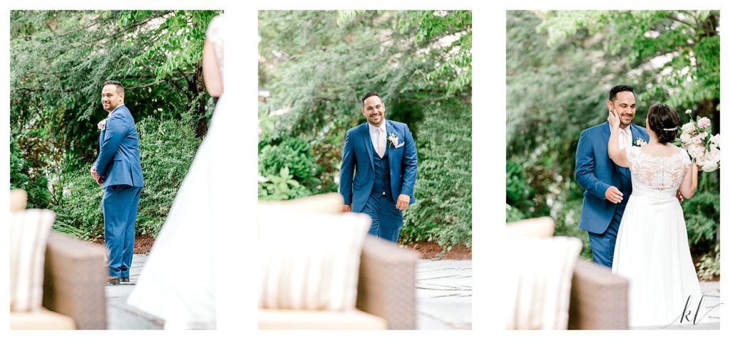 Three photos telling the story of when a groom sees his bride for the first time. 