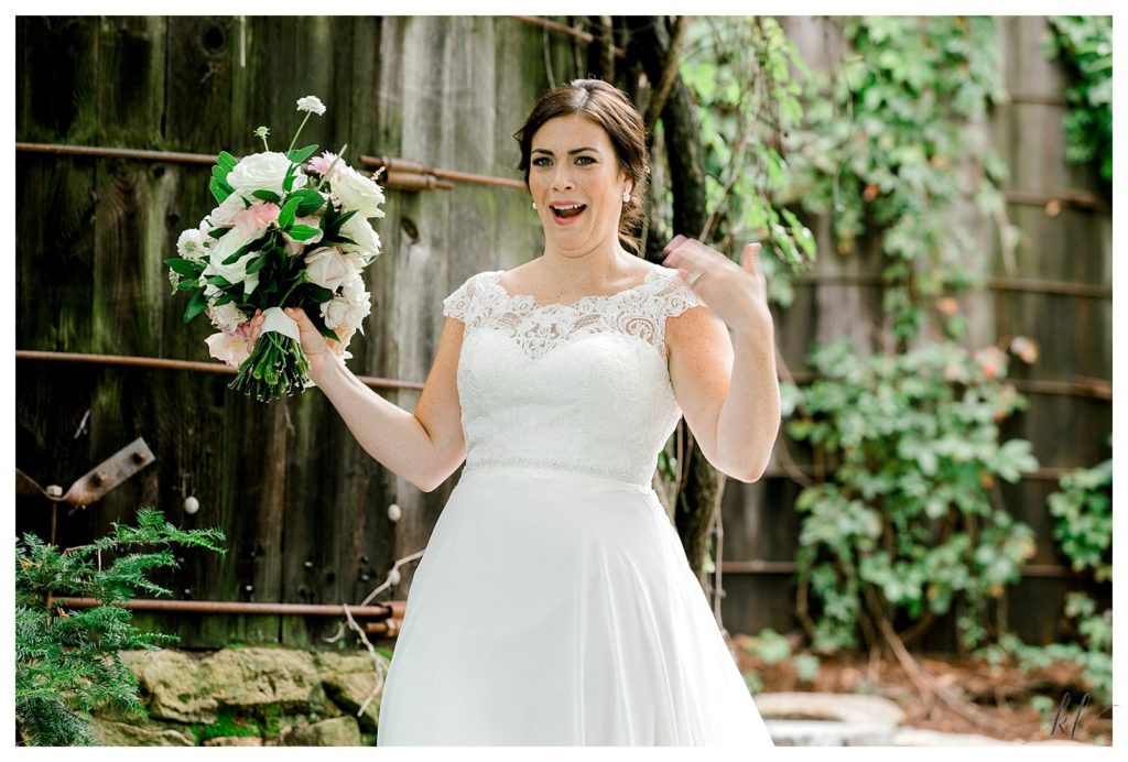 Bride's facial expression after seeing her groom for the first time at the Bedford Village Inn. 