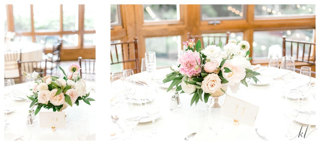 Light and Airy floral centerpiece arrangements on a table with white table cloths. 